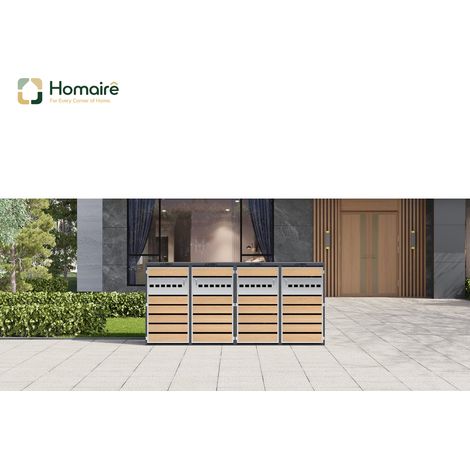 HOMAIRE Mülltonnenbox avec couvercle rabattant, compartiments de rangement pour déchets, verrouillable, quatre portes et blocs de bois à grain horizontal