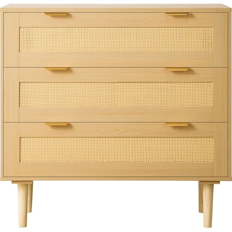 Mophorn Cómoda de ratán con 3 cajones, tiradores y patas metálicas, amplio espacio de almacenamiento, mueble moderno para dormitorio, salón o recibidor, 800 x 350 x 770 mm, color madera natural (1/5)