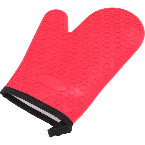 Gant de cuisine en silicone rouge, résistant aux hautes températures, imperméable et antidérapant, avec doublure en coton. (1/5)