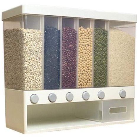Distributeur mural compartimenté pour riz et céréales, 10 kg, 6 compartiments automatiques en plastique, boîte de conservation étanche à l'humidité (1/5)