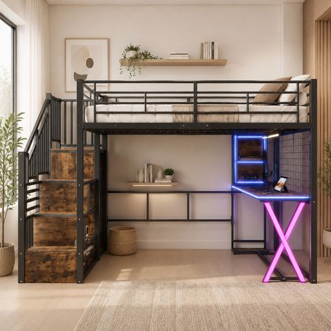 Hochbett 140x200 cm schwarz aus Metall und MDF mit Schreibtisch, Kleiderschrank, Ablageleiter und LED-Beleuchtung (1/5)
