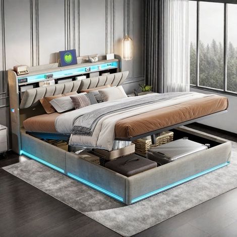 Doppelbett 140x200cm, LED, hydraulischer Stauraum, Bettkastenrahmen, Kopfteil mit Stauraum, Bett 140x200 cm, Samt, grau