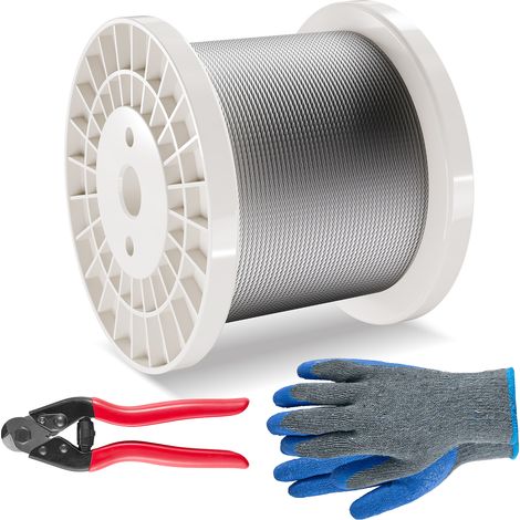 Mophorn 1/8 Zoll 600 Fuß Edelstahl-Drahtseil-Set, 1600 lbs Bruchfestigkeit, 7x7 Konstruktion, Schneider und Handschuhe, für Handläufe, Terrassendielen, Zäune, Außenbereich