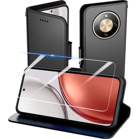 Coque pour Honor Magic 8 Lite, Flip Case+1 Verre trempé Etui Protection Housse Premium en Cuir PU, [Pochette de Portefeuille] [Fermeture Magnétique] [Etui à Rabat]- Noir (1/5)
