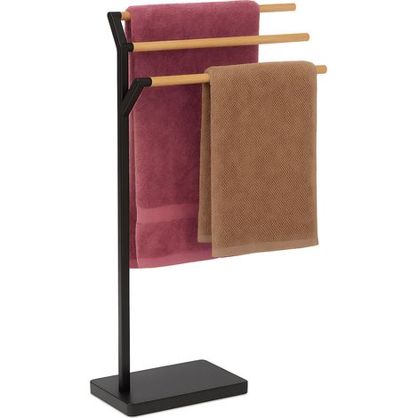 Relaxdays Handtuchständer, HBT: 75 x 38,5 x 18 cm, Metall, Bambus, 3 Stangen, Handtuchhalter stehend, Bad, schwarz/natur