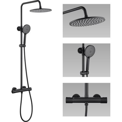 Ensemble de douche thermostatique, douche de tête de 25 cm + douchette à main 3 fonctions, verrouillage de sécurité à 38 °C pour éviter les brûlures, barre de douche réglable (1/5)