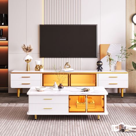 Set mobile TV e tavolino 170x37x47.5 / 100x50x40 cm bianco in pannello truciolare con vetro temprato e LED (1/5)