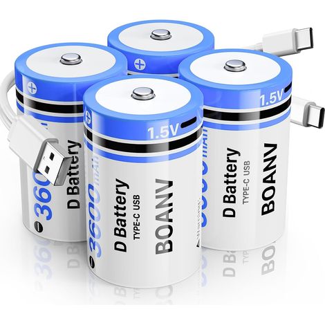 Piles D Rechargeable Lithium,3600mAh D Batterie Rechargeable avec Câble de Charge USB-C Pile de Remplacement pour Lampe de Poche - Lot de 4 (1/5)
