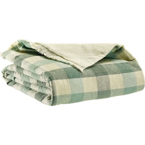 Édredon Imprimé en Lin Recyclé et Coton Motif Carreaux Coloris Thym 85 x 200 cm - PANGIVO