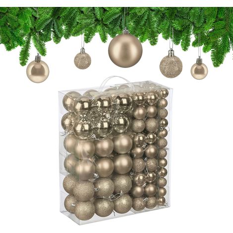Relaxdays Palline di Natale, Set 138 Palle Albero, Addobbi Natalizi, Sfere Plastica Opache, Lucide, Glitter, Champagne (1/5)