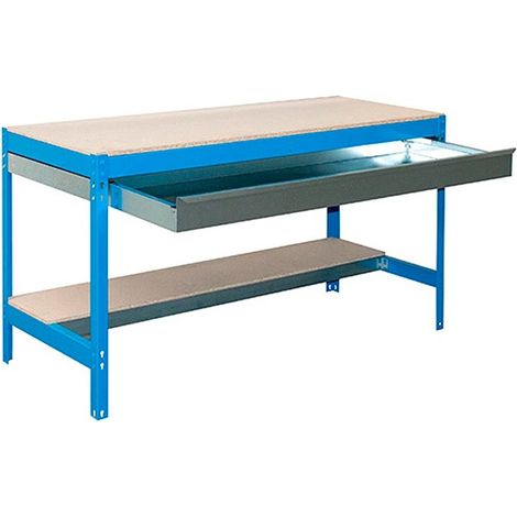 SimonRack Banco da Lavoro da Officina, Portata 600 kg, 842x1210x760 mm, Cassetto e Ripiano, Tavolo da Lavoro, Blu/Legno – Bt-0 (1/3)