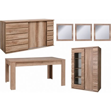 Salle à manger complète ROMI chêne Dab Canyon – Table, buffet, vitrine et 3 miroirs (1/5)