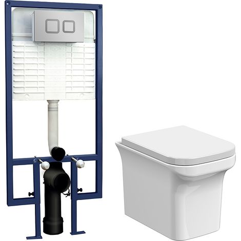 Hilderstone Soft Square Wall Hung Toilet Pan, Soft Close Seat & Concealed Cistern with Square Push Button Plate, 390mm - Balterley