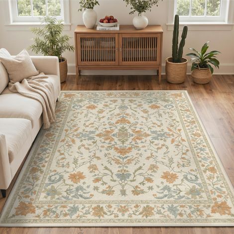 Tapis Salon Vintage 160x230cm Lavable en Machine Rug AntidéRapant Poil Ras, pour Chambre Salle a Manger Descente de Lit Bureau, Cuisine,Crème Pêche et Bleu Pâle (1/5)