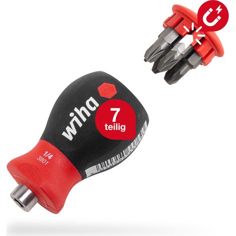 Wiha Schraubendreher Stubby mit Bit Magazin magnetisch (33741) I Schlitz, Kreuzschlitz I mit 6 Bits, 1/4" (1/5)