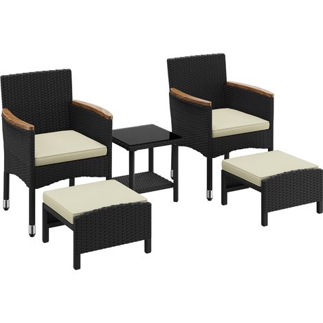 Yaheetech Set di 5 Mobili da Giardino in Rattan PE con 1 Tavolo in Vetro e 2 Poltrone e 2 poggiapiedi Set Mobili da Esterno per Balcone Terrazza Nero/Beige (1/5)