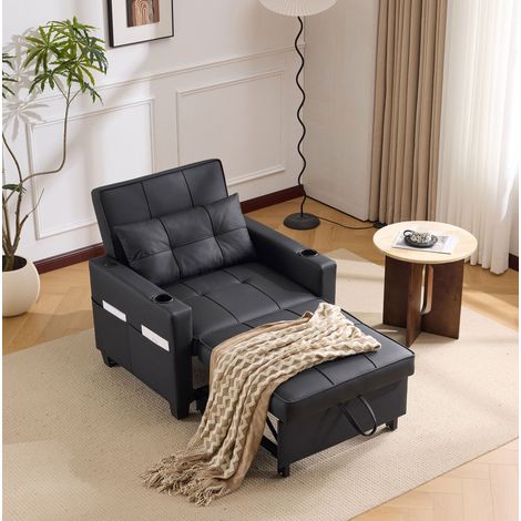 Divano letto con tasca laterale, portabicchieri e porta USB, divano da 1 posto, regolabile su 3 posizioni, nero (1/5)
