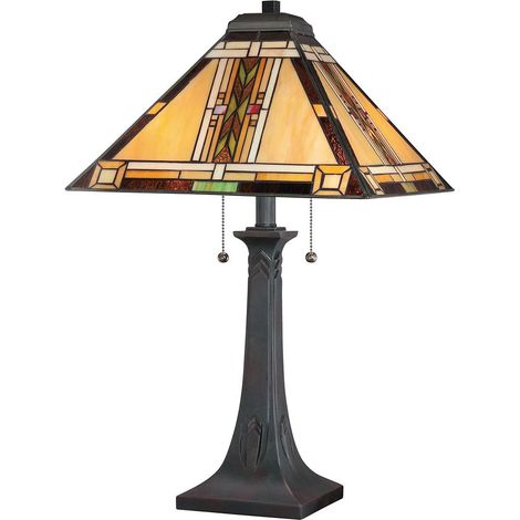 Elstead Quoizel Navajo Lampe de table traditionnelle en bronze, abat-jour en verre artistique, 2 ampoules E27 (1/5)