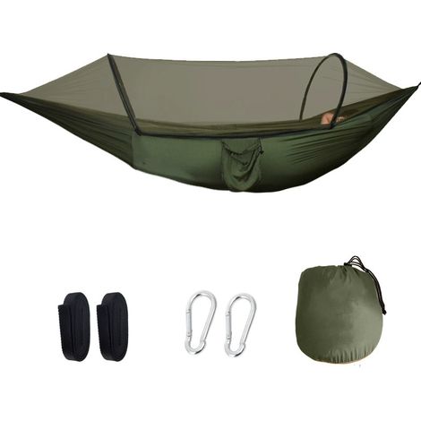 Hamaca con mosquitera, equipada con 2 mosquetones y 2 correas resistentes, 260 x 140 cm, verde militar. (1/4)