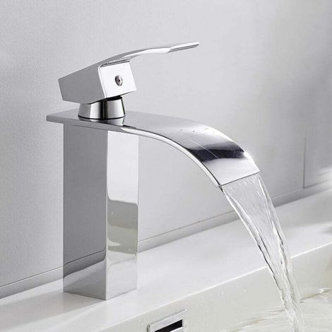 Robinets cascade pour lavabo de salle de bain, mitigeur en laiton pour lavabo de salle de bain, monotrou, mitigeur de lavabo à poignée unique, robinets de lavabo cascade, eau froide et chaude disponi (1/4)