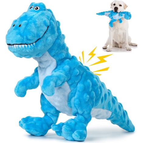 Jouet en peluche pour chien en forme de dinosaure bleu avec couineur intégré et texture douce pour nettoyage des dents et réduction de l'ennui pour petits moyens et grands chiens (1/5)