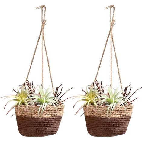 Lot de 2 paniers suspendus – Osier tissé – Doublure plastique – Intérieur et extérieur – Brun – Pots de fleurs (1/5)