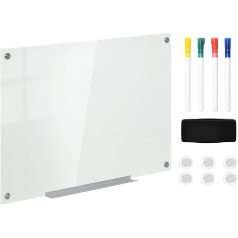 Tableau blanc magnétique 90 x 60 cm avec 4 marqueurs, 6 aimants, 1 effaceur et étagère, chevalet, support mural en verre