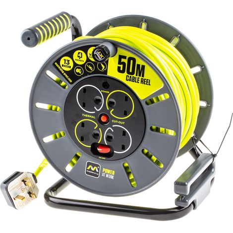 Rs Pro – Enrouleur électrique 50m – 4 prises Type G – 240 V 13A – Enrouleur ouvert pour chantiers humides – Couleur jaune