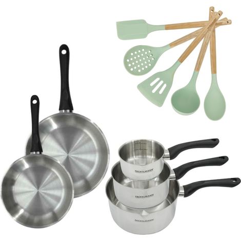 Lot Poêles 20/24cm et Casseroles 12/16/20cm Fackelmann Généva avec 5 ustensiles (1/5)