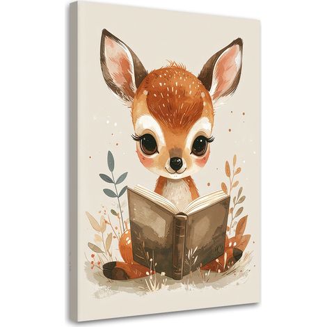 Impression sur Toile, Petit cerf lisant un livre animaux de la forêt,40x60 (1/4)