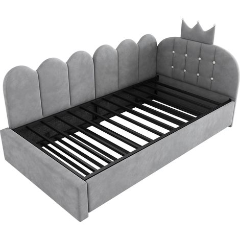 Cama de día con cama nido 90 x 200 cm, terciopelo gris, diseño corona y rejilla, MODENUIT (1/5)