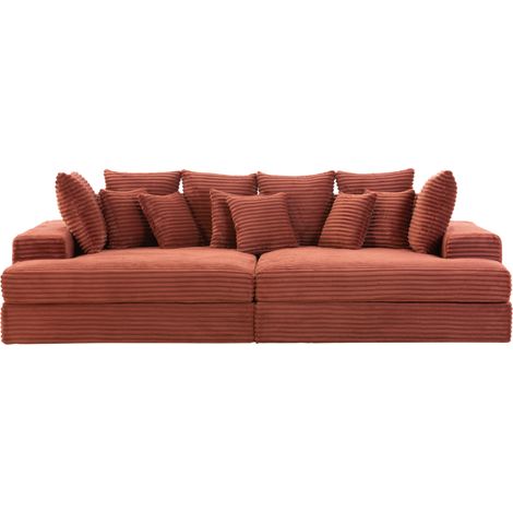 Concept-Usine – Canapé droit 4 places en velours côtelé terracotta – Assise profonde 115 cm – Structure en bois massif – Coussins déhoussables