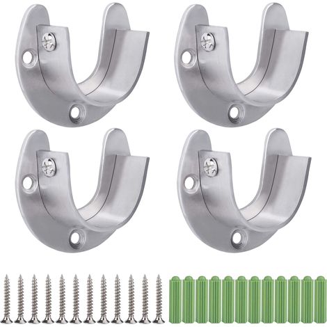 Stainless Steel Closet Rod Bracket, 4 Pieces U-Shaped Curtain Rod Holder, Heavy Duty Round Tube Sockets with Screws (32mm)
