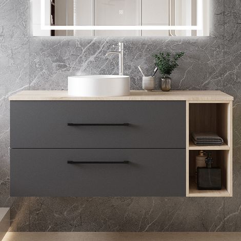Ocean Meuble Salle de Bain Suspendu avec Lavabo, Meuble 2 Tiroirs 120cm, Planche Chêne et Lavabo céramique blanche