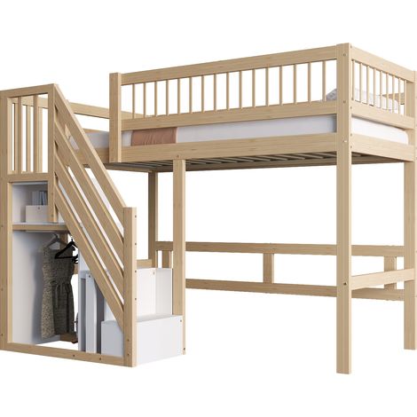 Lit enfant 90x200 en bois massif, mezzanine avec escalier et rangement intégré, cadre en bois naturel, literie simple haute, chambre ado (1/5)