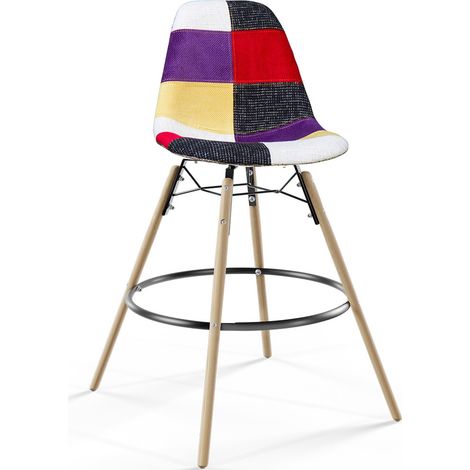 Barhocker - Patchwork-Polsterung - Skandinavisches Design und Holzbeine - Skögur Multicolor
