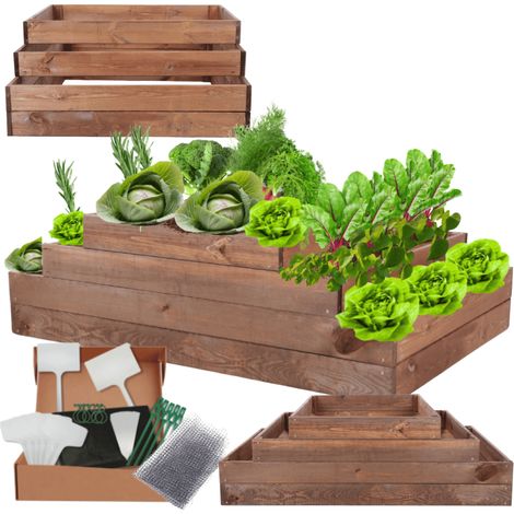MODO24 ZP09 Carré potager surélevé en escalier modulable, bois de pin, herbes/légumes, jardin/terrasse/balcon, 36x117x80 cm, marron