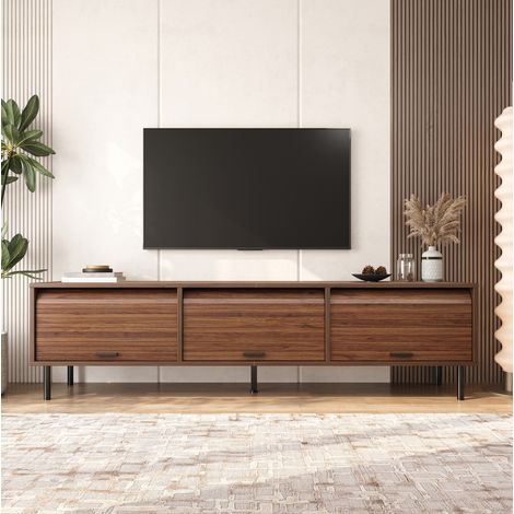 Mobile TV basso 180x40x55 cm con 3 ante scorrevoli verso l'alto, vano contenitore, in MDF e truciolato, finitura noce (1/5)