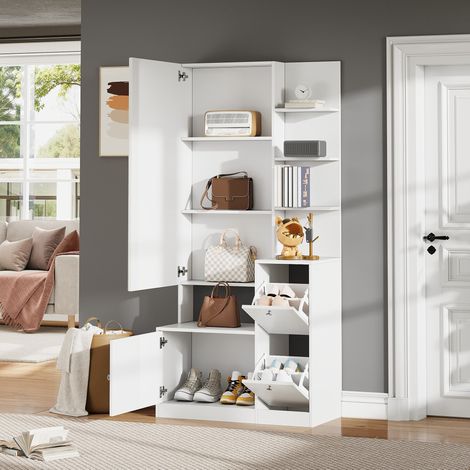 Mueble de entrada en tablero de partículas blanco con espejo y 5 estantes abiertos, 2 puertas, 85 x 40 x 180 cm, zapatero integrado (1/5)