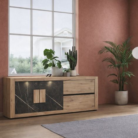 Buffet moderne en bois et marbre avec éclairage LED 210cm – 3 portes – Façades effet marbre anthracite – Meuble de salle à manger (1/3)