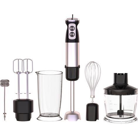Mixeur plongeant Handor 6 en 1, 1000 W, 12 vitesses, avec bol de 600 ml, hachoir de 500 ml, fouet à œufs, mousseur à lait et lames en acier inoxydable pour soupes, smoothies et purées.