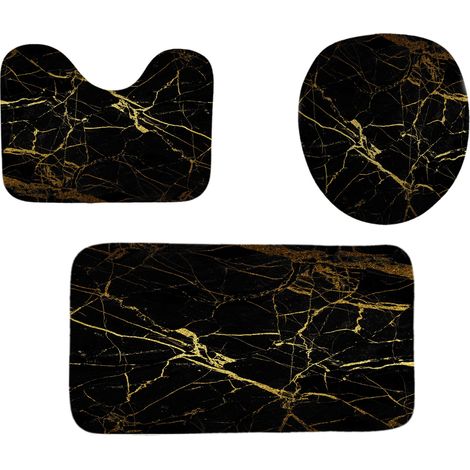 3-teiliges Badezimmer-Set in Schwarz und Gold: Badematte und WC-Sitzbezug. - 3-teiliges Badezimmer-Set in Schwarz und Gold: Badematte und WC-Sitzbezug. (1/5)