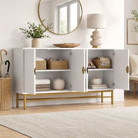 MEUBLIV Buffet 160x40x82 cm blanc – 4 portes, texture relief et fermeture douce (1/5)