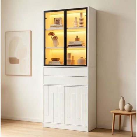 Vitrine haute LED 70 x 34 x 180 cm, meuble vitré blanc avec portes en verre trempé, 2 tiroirs, 7 espaces de rangement, étagère réglable, pour salon ou bureau – CHICFURN (1/5)