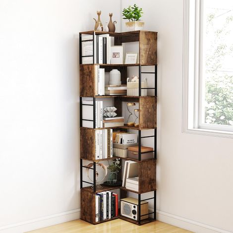 Étagère d'angle à 7 niveaux, étagère de rangement haute 187 cm, en forme de L, étagère industrielle en bois, grande étagère d'angle au sol, marron vintage (1/5)