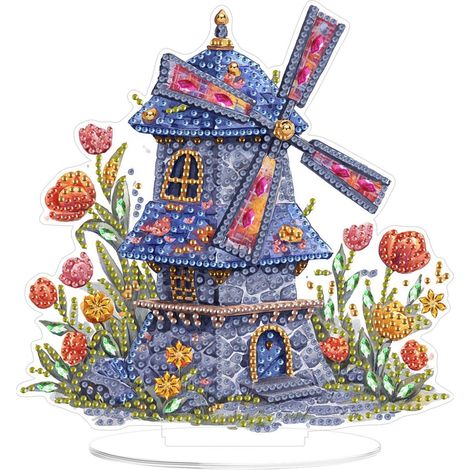 Diamond Painting Moulin à vent Tulipe Décoration de table Kit de bricolage 8x8 pouces Bleu (1/4)