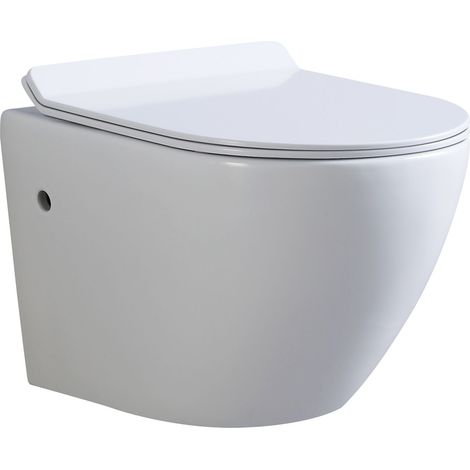 Saniverre – WC suspendu sans bride céramique blanche – Abattant frein de chute Soft Close – Évacuation horizontale Ø 10 cm – Entraxe 18 cm