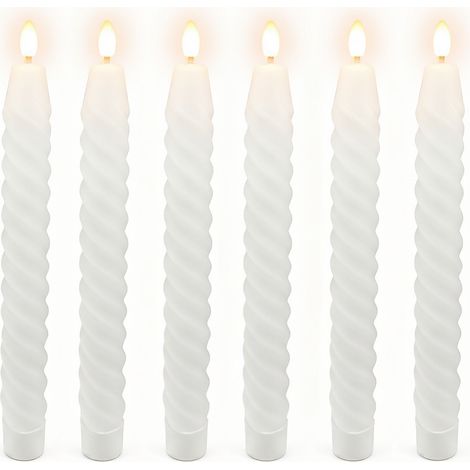 Relaxdays Candele LED bastoncino, set 6, HxD 25×2 cm, fiamma tremolante, vera cera, a spirale, senza fiamma, bianche