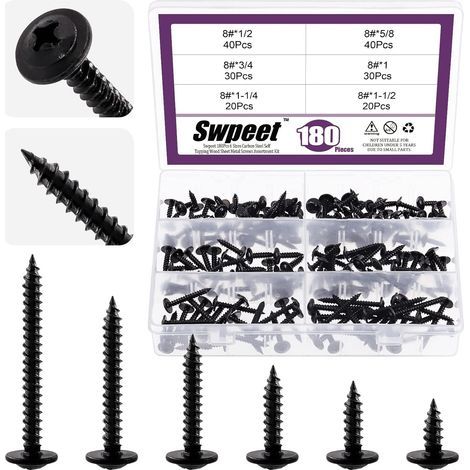 180 Stück, 6 Größen: 8 x 1/2", 5/8", 3/4", 1 1/4", 3,8 cm Sortiment an schwarz phosphatierten Stahl-Holzschrauben mit Kreuzschlitzkopf, selbstschneidend, selbstbohrend (1/5)