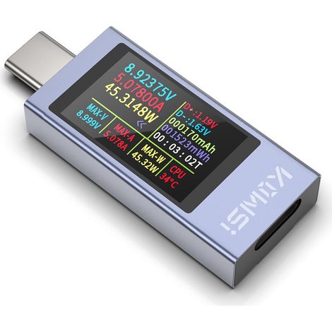 Testeur USB C Meter de Tension, Testeur Electrique Compteur de Courant USB C Multimètre Numérique Wattmetre Voltmètre Ampèremètre Capacité Alimentation Chargeur Détecteur (USB C Tester) (1/5)